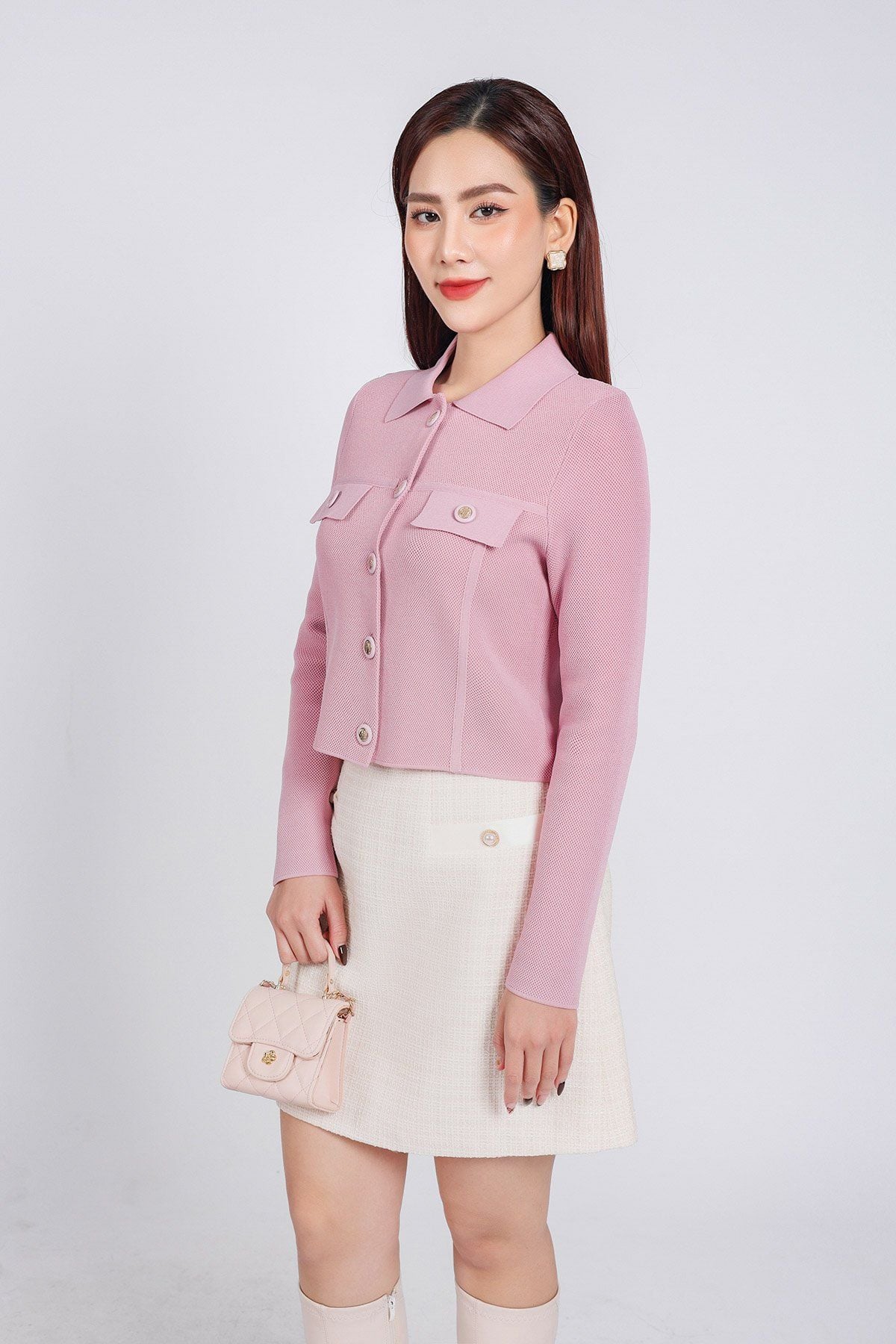 FOL454 - Áo len thời trang cao cấp dáng suông cổ đức ngực áo có túi ốp giả phối khuy đá cao cấp - PANTIO