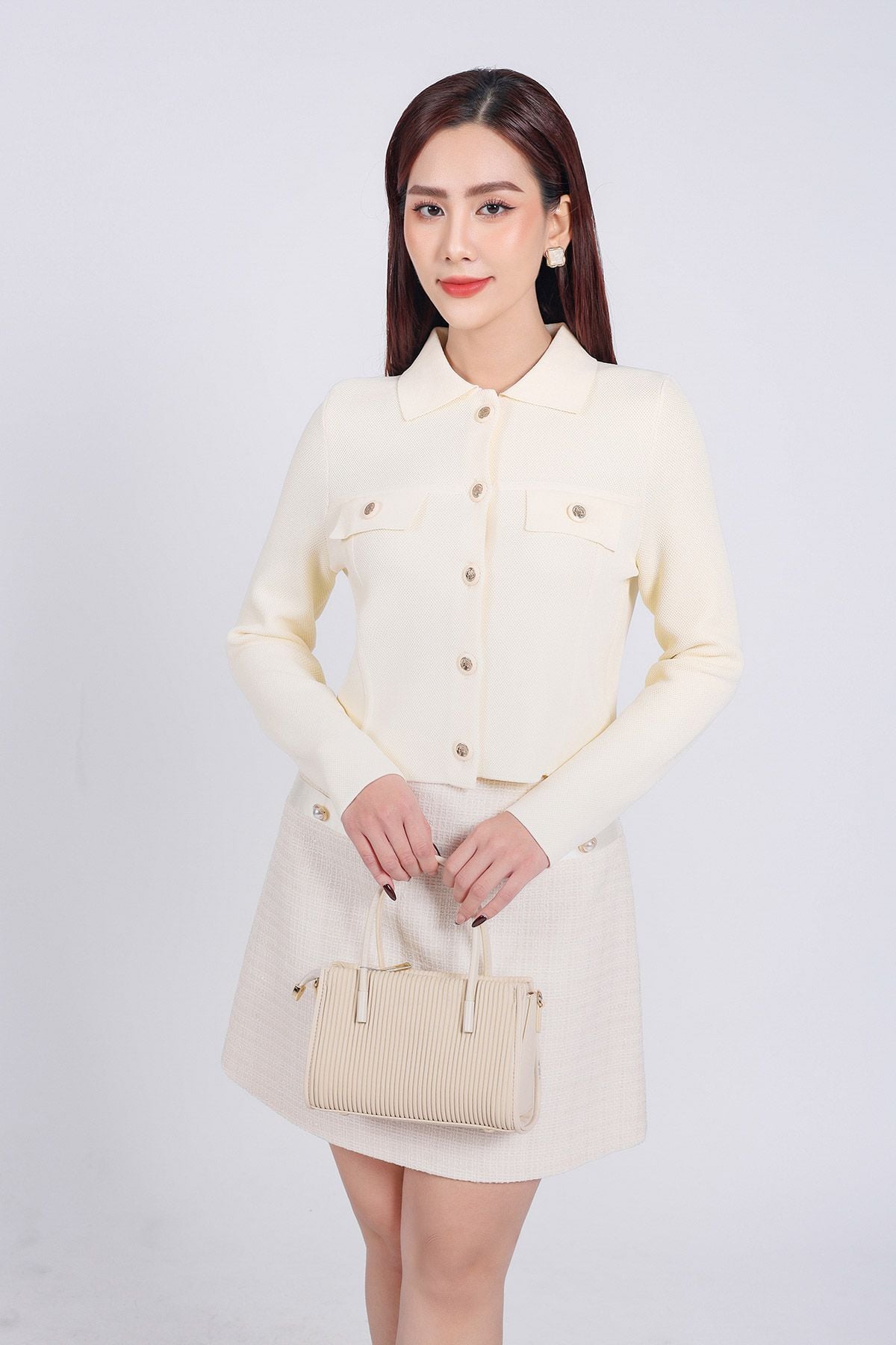 FOL454 - Áo len thời trang cao cấp dáng suông cổ đức ngực áo có túi ốp giả phối khuy đá cao cấp - PANTIO