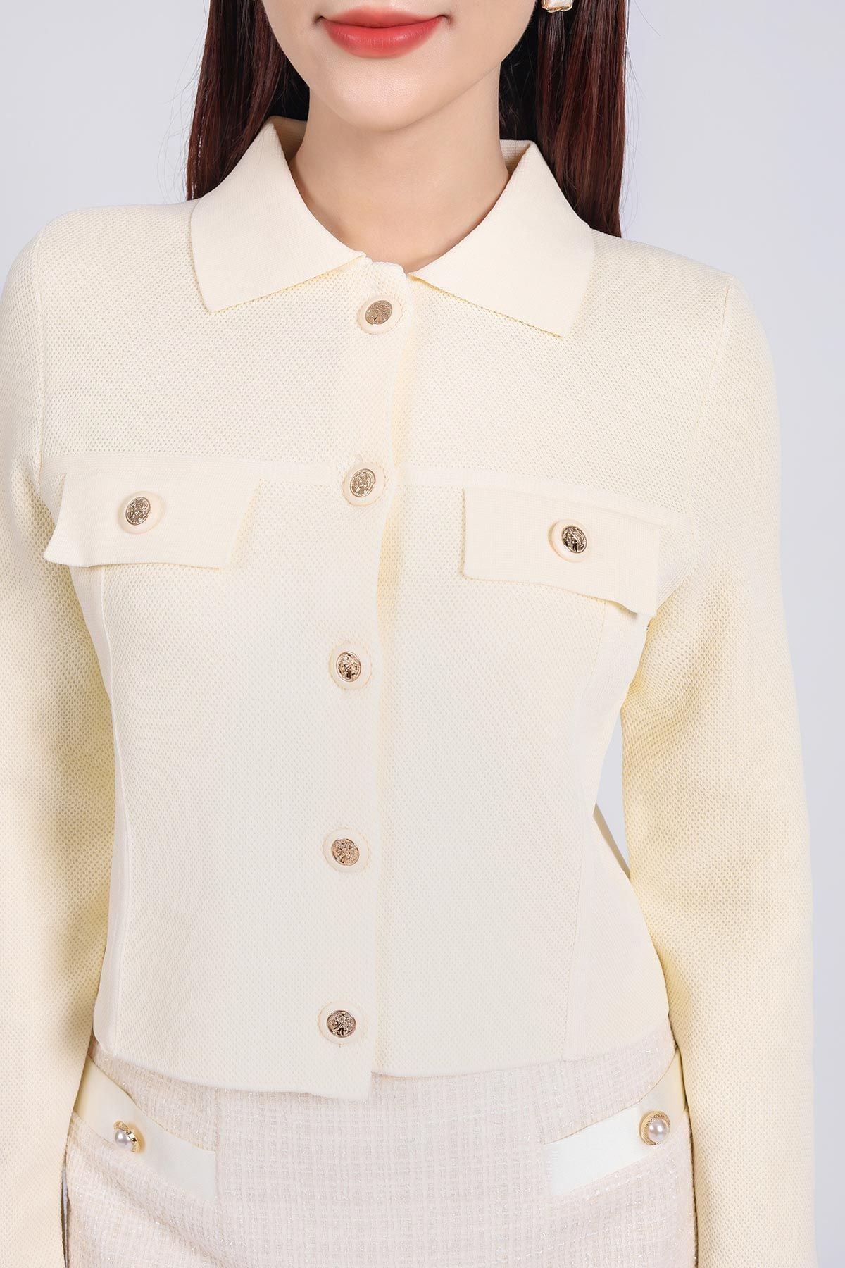 FOL454 - Áo len thời trang cao cấp dáng suông cổ đức ngực áo có túi ốp giả phối khuy đá cao cấp - PANTIO