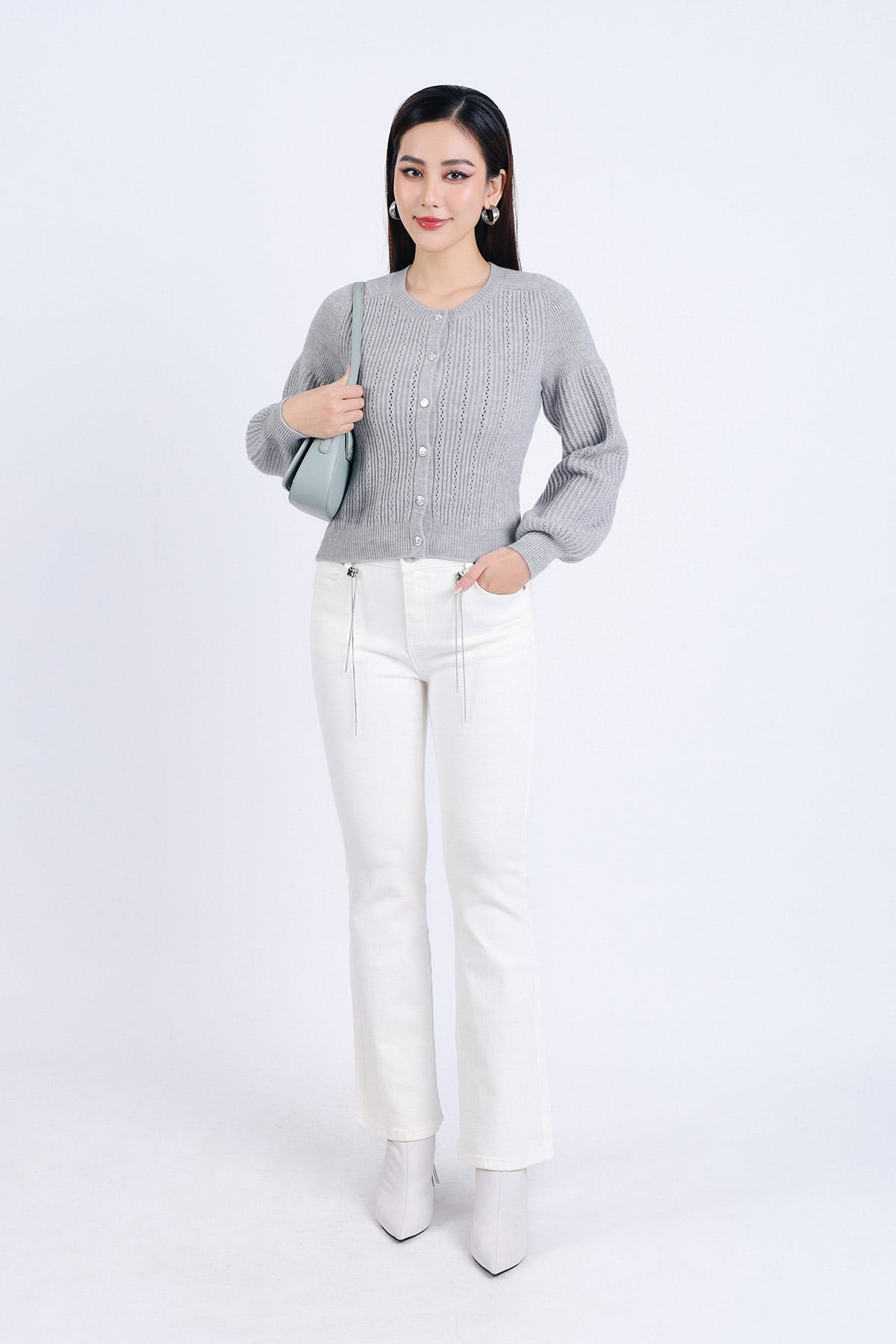 FOL462 - Áo len thời trang cao cấp cổ tròn tay bồng nhẹ bo gấu cài khuy thân trước - PANTIO