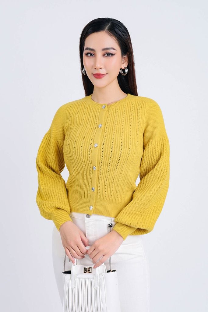 FOL462 - Áo len thời trang cao cấp cổ tròn tay bồng nhẹ bo gấu cài khuy thân trước - PANTIO