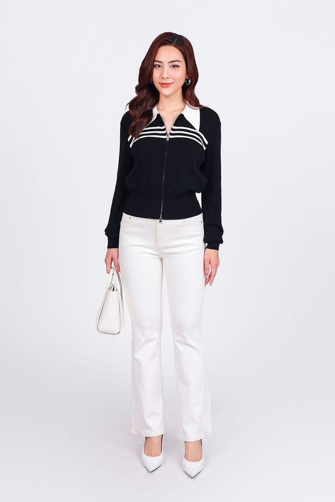 FOL464 - Áo len thời trang cao cấp dáng suông cổ đức ngực áo hoạ tiết kẻ ngang gấu áo bo ôm co giãn khoá thân trước - PANTIO