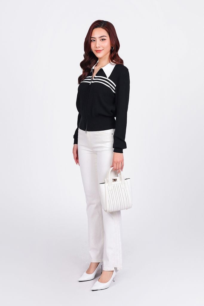 FOL464 - Áo len thời trang cao cấp dáng suông cổ đức ngực áo hoạ tiết kẻ ngang gấu áo bo ôm co giãn khoá thân trước - PANTIO