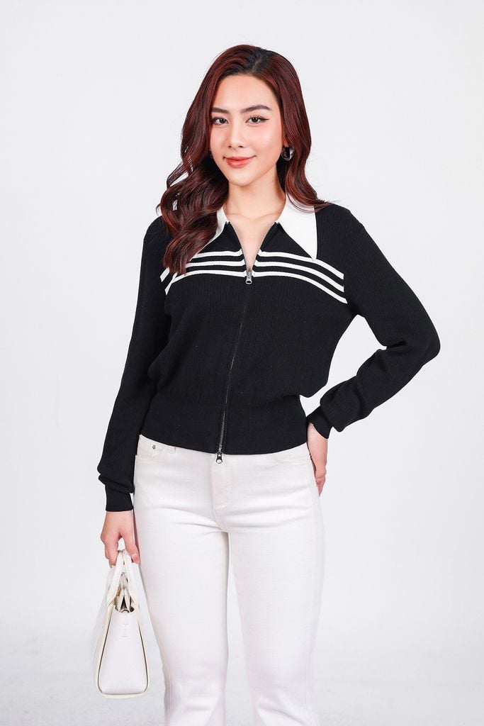 FOL464 - Áo len thời trang cao cấp dáng suông cổ đức ngực áo hoạ tiết kẻ ngang gấu áo bo ôm co giãn khoá thân trước - PANTIO