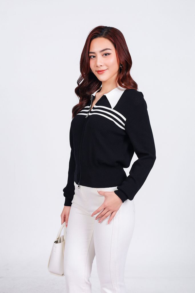 FOL464 - Áo len thời trang cao cấp dáng suông cổ đức ngực áo hoạ tiết kẻ ngang gấu áo bo ôm co giãn khoá thân trước - PANTIO