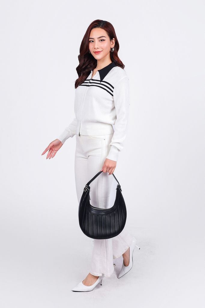 FOL464 - Áo len thời trang cao cấp dáng suông cổ đức ngực áo hoạ tiết kẻ ngang gấu áo bo ôm co giãn khoá thân trước - PANTIO