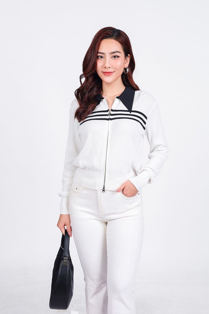 FOL464 - Áo len thời trang cao cấp dáng suông cổ đức ngực áo hoạ tiết kẻ ngang gấu áo bo ôm co giãn khoá thân trước - PANTIO