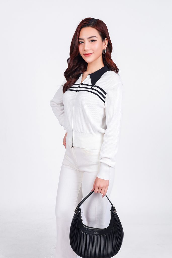 FOL464 - Áo len thời trang cao cấp dáng suông cổ đức ngực áo hoạ tiết kẻ ngang gấu áo bo ôm co giãn khoá thân trước - PANTIO