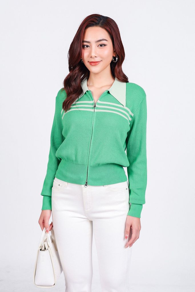 FOL464 - Áo len thời trang cao cấp dáng suông cổ đức ngực áo hoạ tiết kẻ ngang gấu áo bo ôm co giãn khoá thân trước - PANTIO