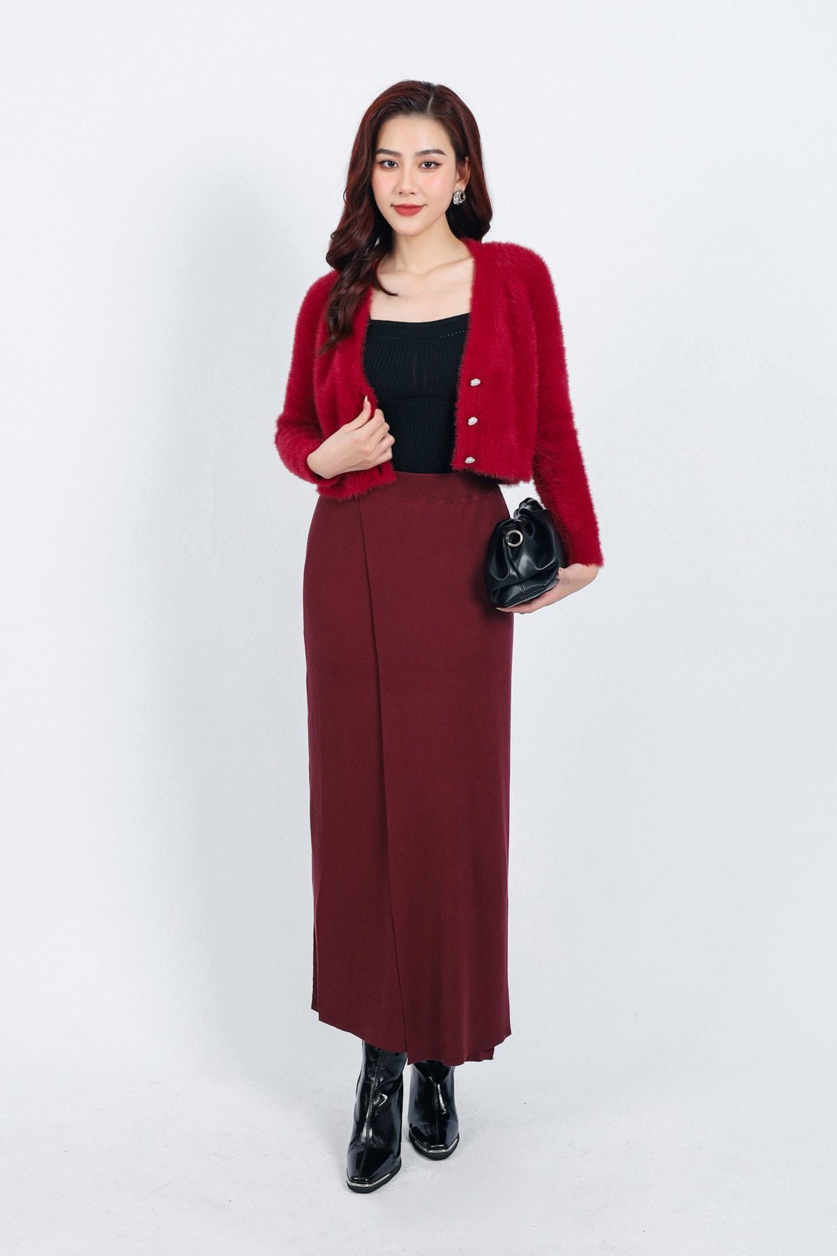 FOL465 - Áo khoác len lông mềm thời trang cao cấp dáng ôm cổ xẻ V cài khuy trước - PANTIO