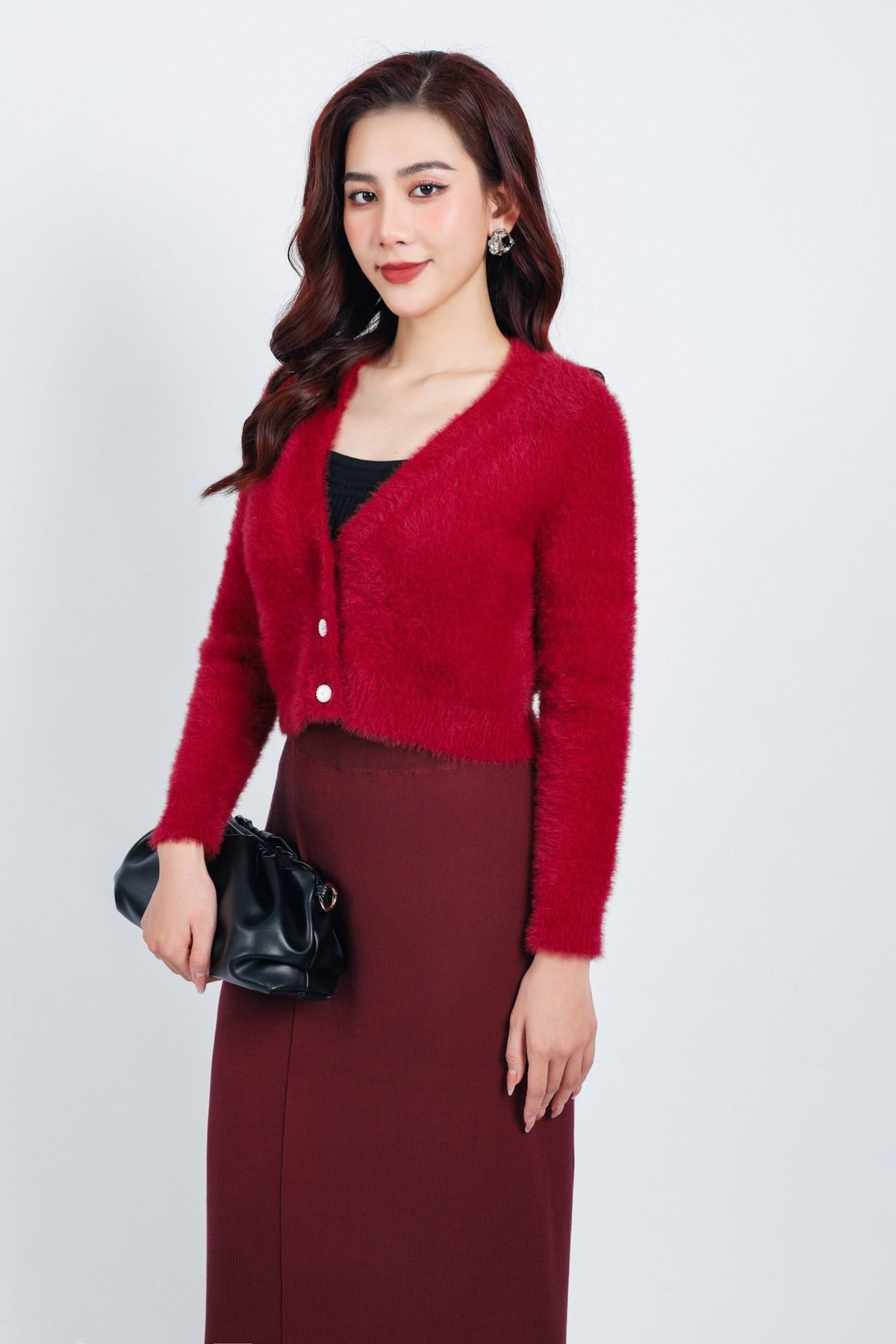 FOL465 - Áo khoác len lông mềm thời trang cao cấp dáng ôm cổ xẻ V cài khuy trước - PANTIO