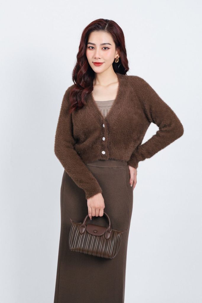 FOL465 - Áo khoác len lông mềm thời trang cao cấp dáng ôm cổ xẻ V cài khuy trước - PANTIO