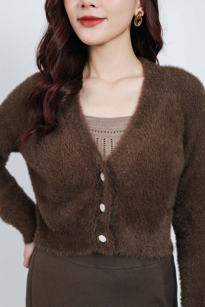 FOL465 - Áo khoác len lông mềm thời trang cao cấp dáng ôm cổ xẻ V cài khuy trước - PANTIO