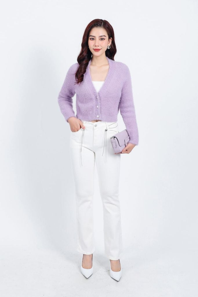 FOL465 - Áo khoác len lông mềm thời trang cao cấp dáng ôm cổ xẻ V cài khuy trước - PANTIO