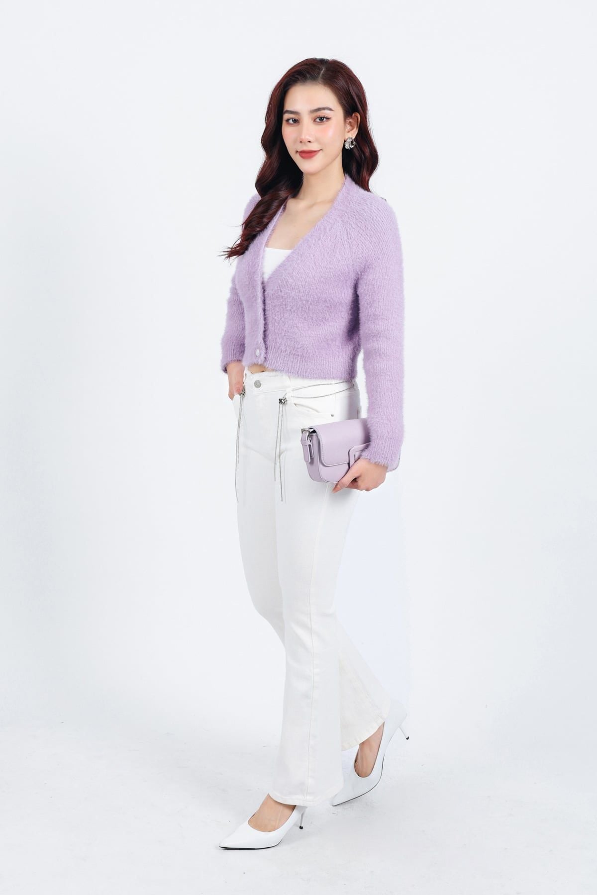 FOL465 - Áo khoác len lông mềm thời trang cao cấp dáng ôm cổ xẻ V cài khuy trước - PANTIO