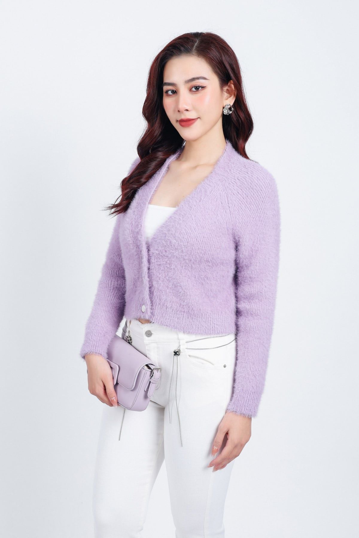 FOL465 - Áo khoác len lông mềm thời trang cao cấp dáng ôm cổ xẻ V cài khuy trước - PANTIO