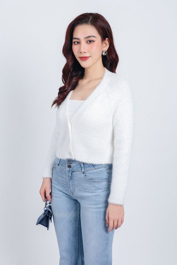 FOL465 - Áo khoác len lông mềm thời trang cao cấp dáng ôm cổ xẻ V cài khuy trước - PANTIO