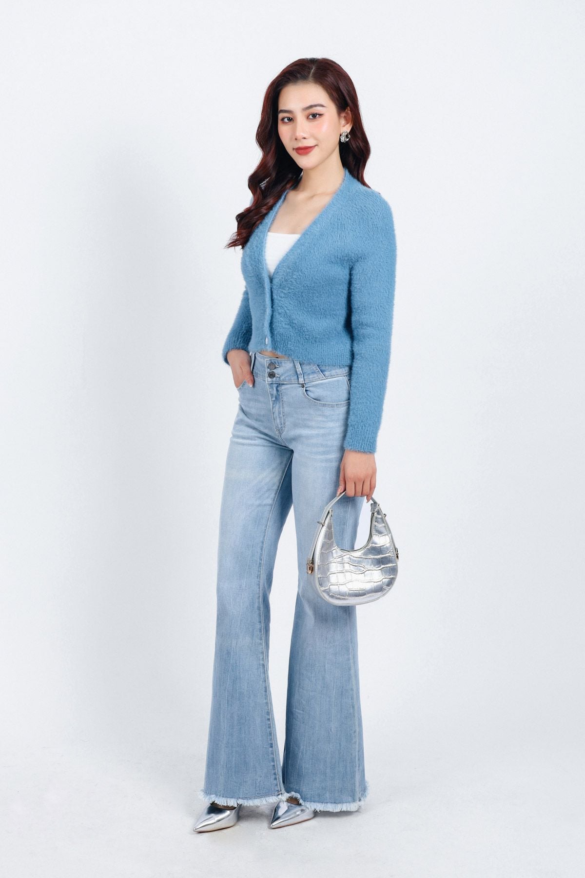 FOL465 - Áo khoác len lông mềm thời trang cao cấp dáng ôm cổ xẻ V cài khuy trước - PANTIO