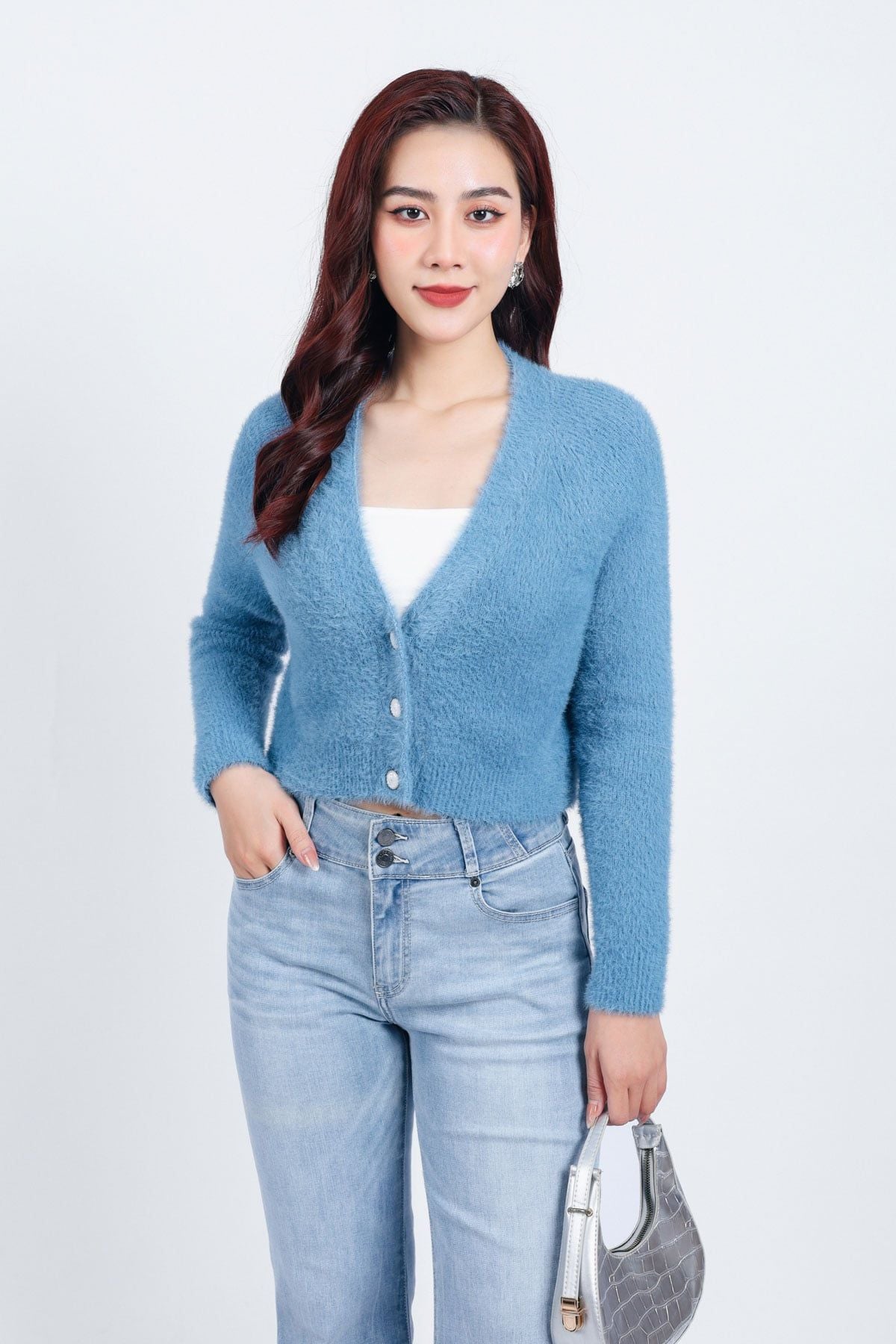 FOL465 - Áo khoác len lông mềm thời trang cao cấp dáng ôm cổ xẻ V cài khuy trước - PANTIO