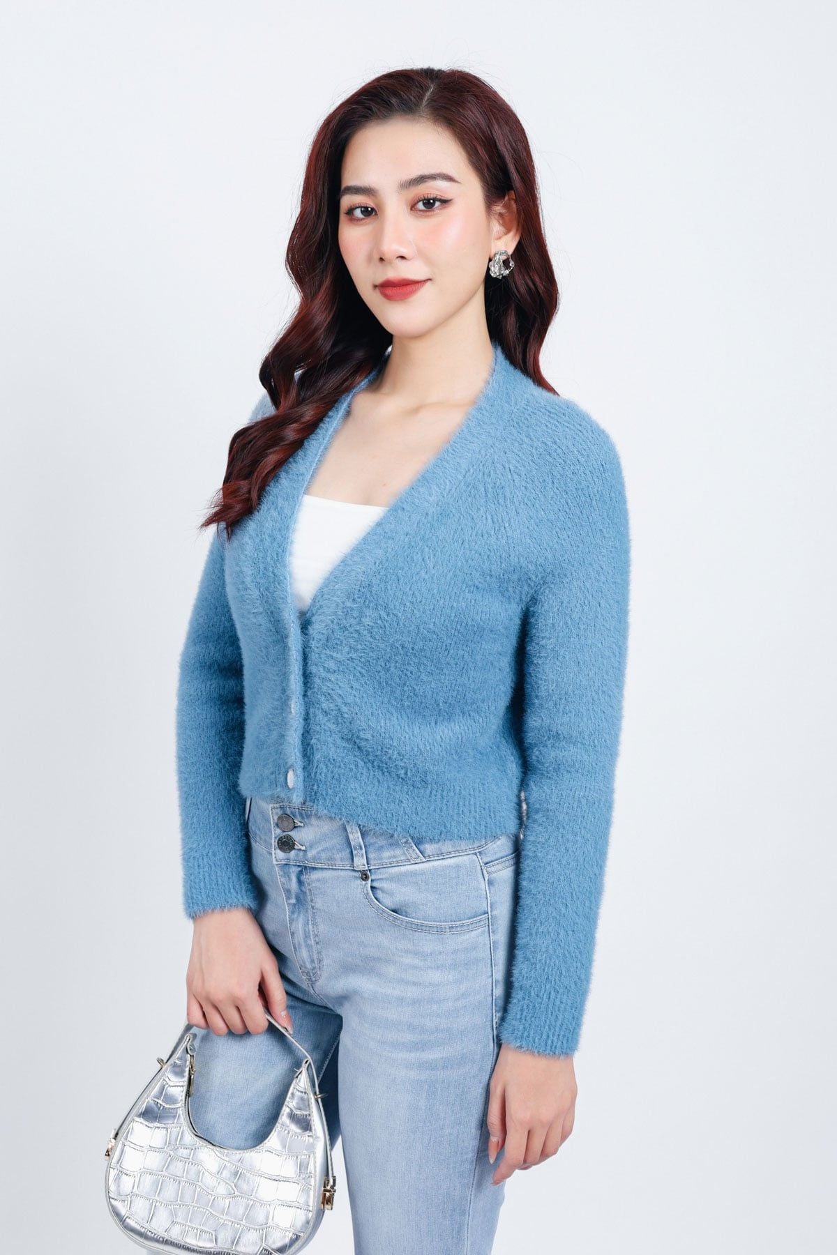 FOL465 - Áo khoác len lông mềm thời trang cao cấp dáng ôm cổ xẻ V cài khuy trước - PANTIO