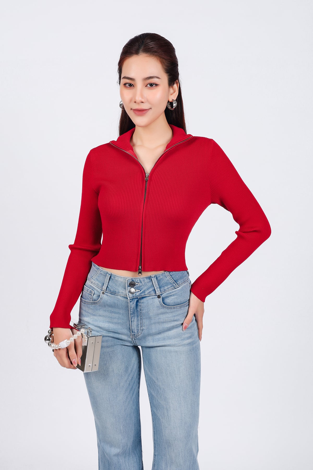 FOL468 - Áo len thời trang cao cấp dáng ôm cổ kiểu phối khoá kim loại - PANTIO