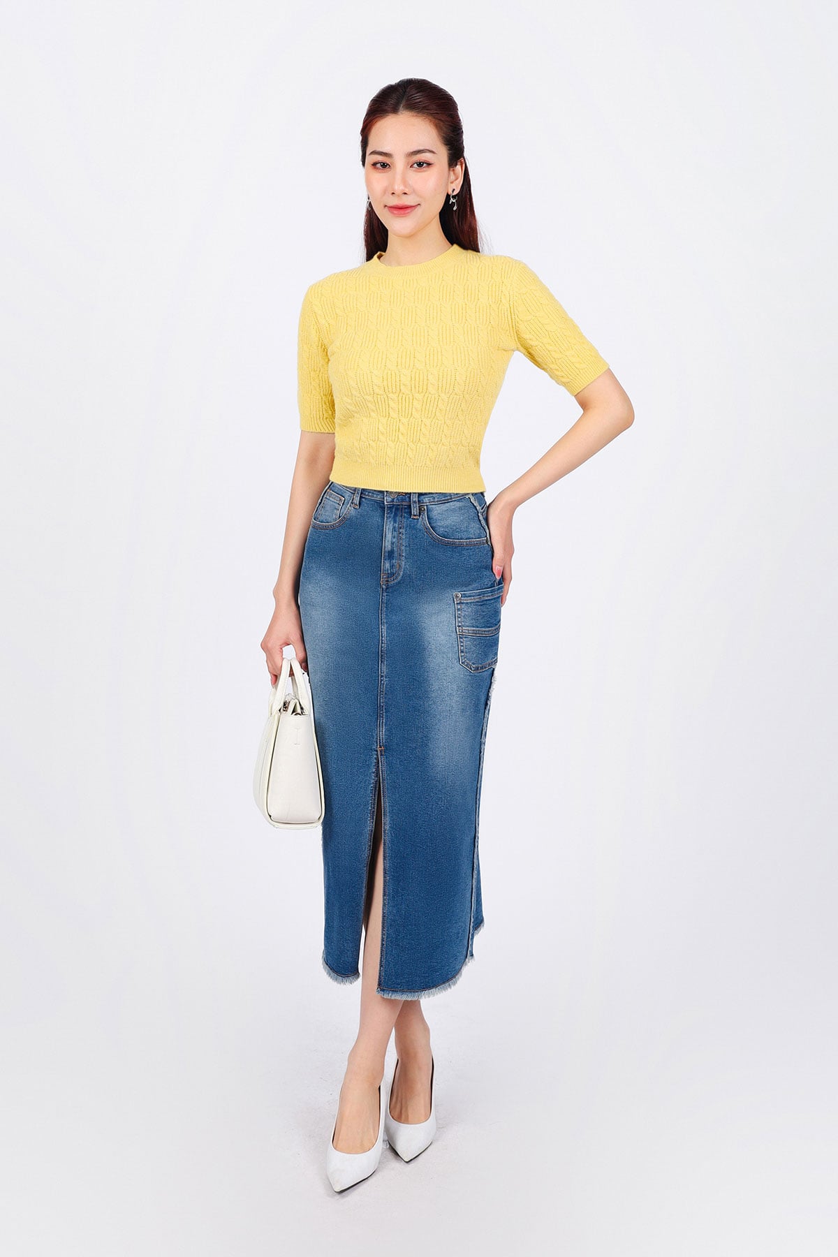 FOL476 - Áo len thời trang cao cấp dáng ôm ngắn cổ tròn tay lỡ trơn màu - PANTIO