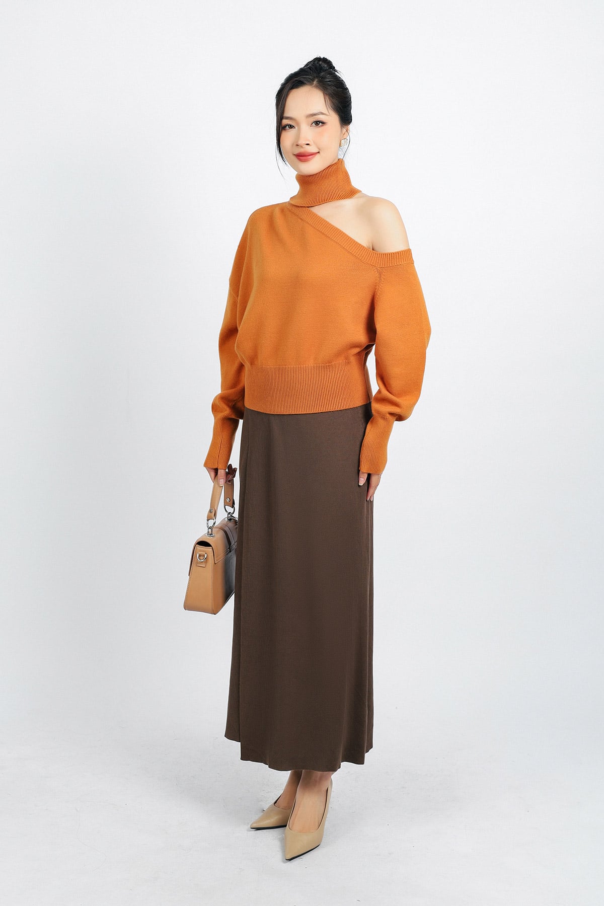 FOL480 - Áo len thời trang cao cấp dáng suông cổ cao lệch vai - PANTIO