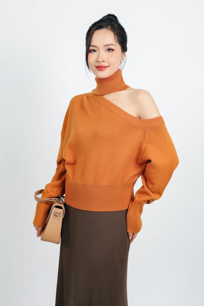 FOL480 - Áo len thời trang cao cấp dáng suông cổ cao lệch vai - PANTIO