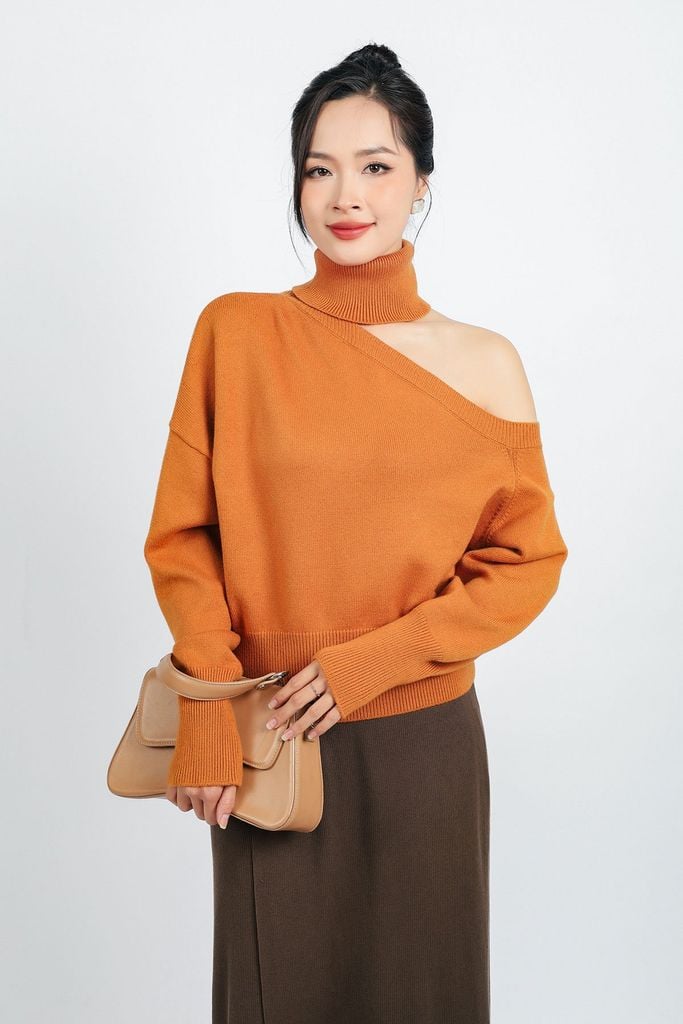FOL480 - Áo len thời trang cao cấp dáng suông cổ cao lệch vai - PANTIO