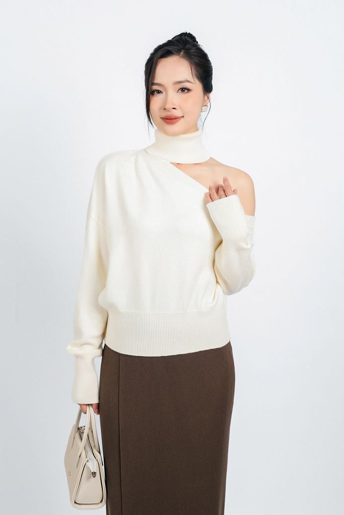 FOL480 - Áo len thời trang cao cấp dáng suông cổ cao lệch vai - PANTIO