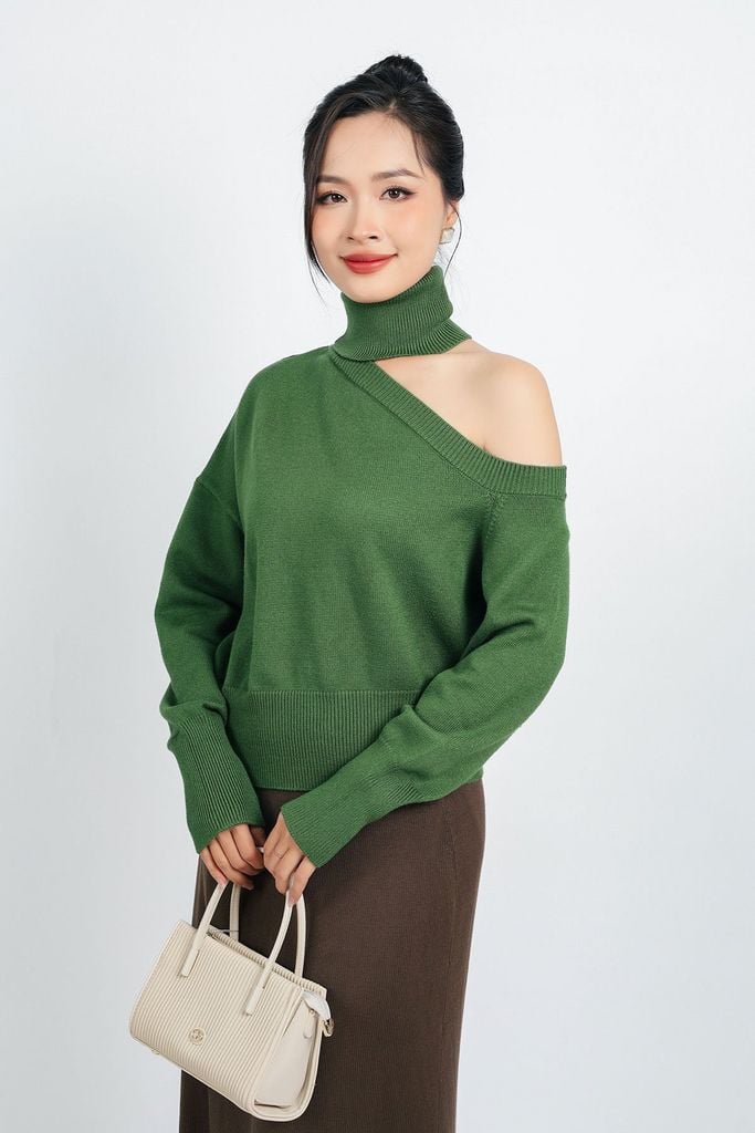 FOL480 - Áo len thời trang cao cấp dáng suông cổ cao lệch vai - PANTIO