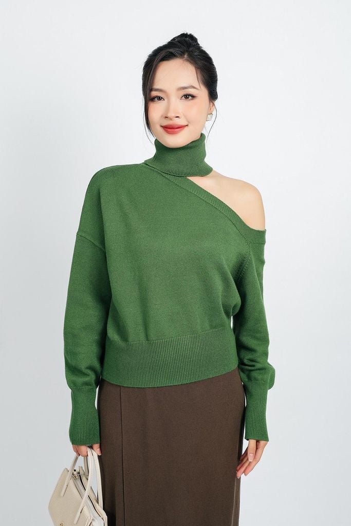 FOL480 - Áo len thời trang cao cấp dáng suông cổ cao lệch vai - PANTIO