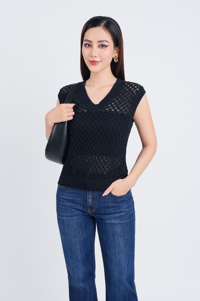 FOL507 - Áo len thời trang cao cấp dáng gile lưới cổ chữ V gấu áo ôm - PANTIO