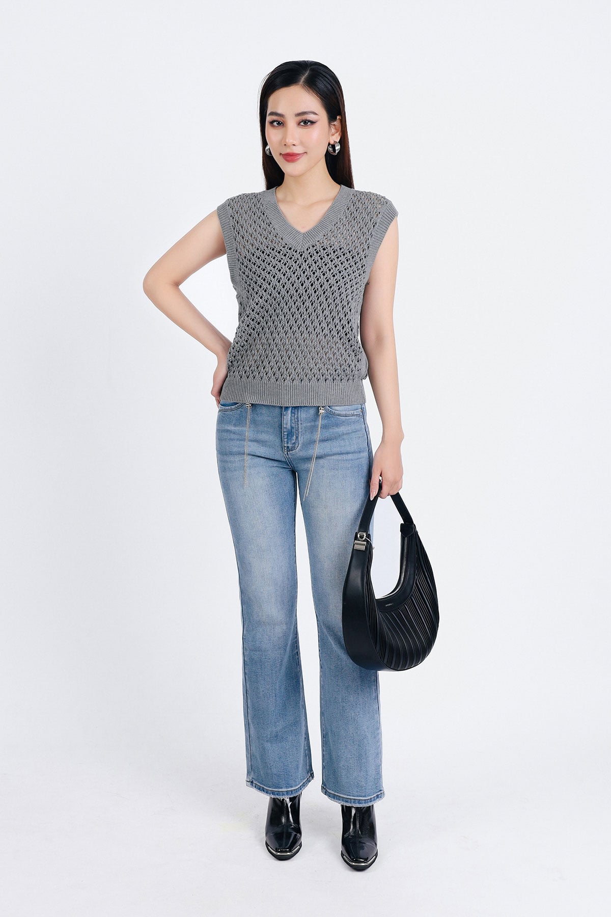 FOL507 - Áo len thời trang cao cấp dáng gile lưới cổ chữ V gấu áo ôm - PANTIO