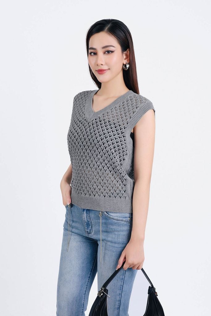FOL507 - Áo len thời trang cao cấp dáng gile lưới cổ chữ V gấu áo ôm - PANTIO