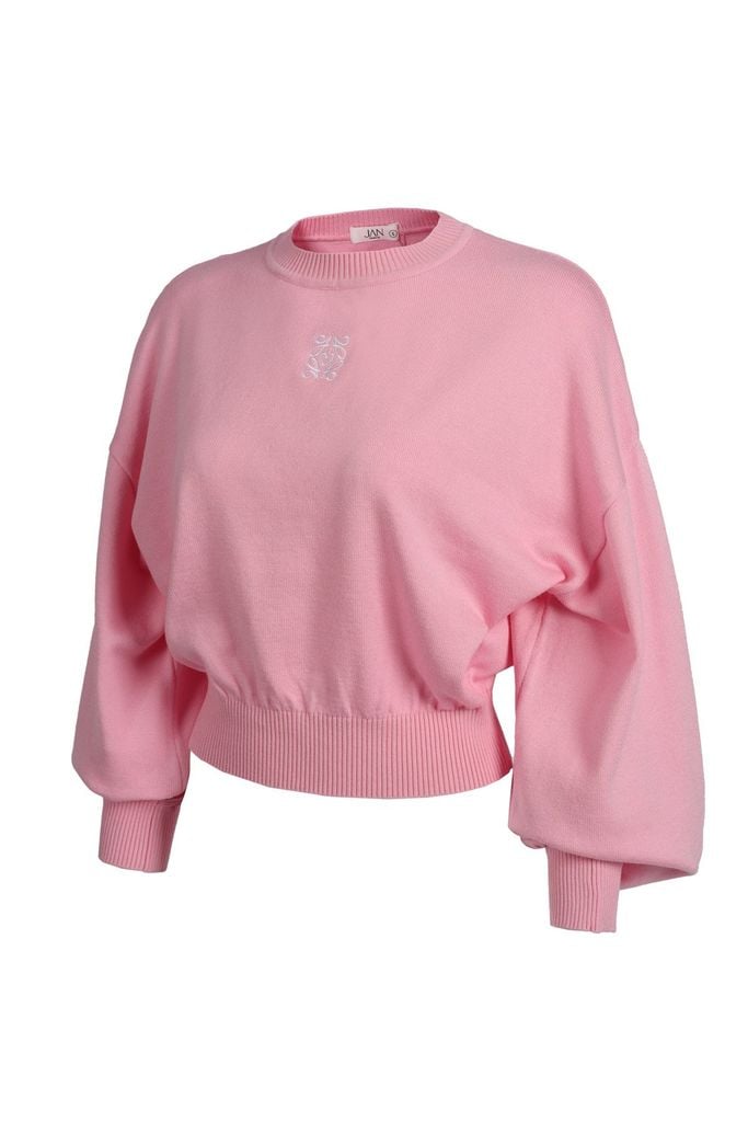 FOL510 - Áo len dáng croptop, tay dài bồng bo cửa tay, thêu logo, bo gấu, bo cổ, vai trễ - JAN.