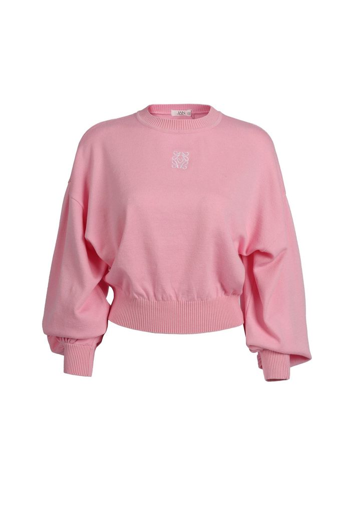 FOL510 - Áo len dáng croptop, tay dài bồng bo cửa tay, thêu logo, bo gấu, bo cổ, vai trễ - JAN.