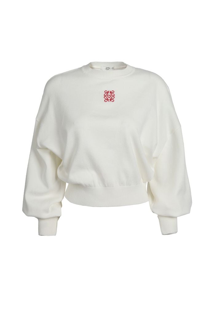 FOL510 - Áo len dáng croptop, tay dài bồng bo cửa tay, thêu logo, bo gấu, bo cổ, vai trễ - JAN.