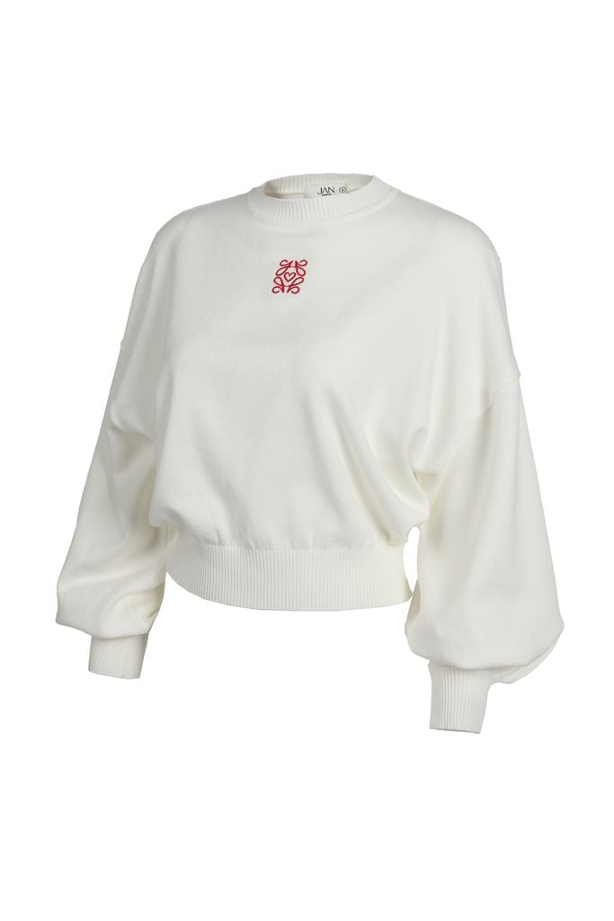 FOL510 - Áo len dáng croptop, tay dài bồng bo cửa tay, thêu logo, bo gấu, bo cổ, vai trễ - JAN.