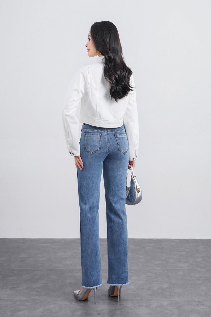 FQB121 - Quần jean dạo phố vải denim dáng suông ống đứng rút tua rua pha sọc vải đen - PANTIO