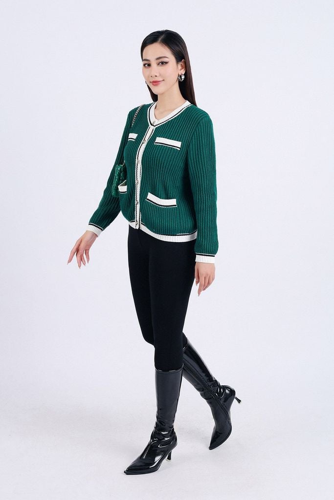 FOL407 - Áo len thời trang cao cấp dáng suông cổ tròn có túi áo cài khuy thân trước - PANTIO