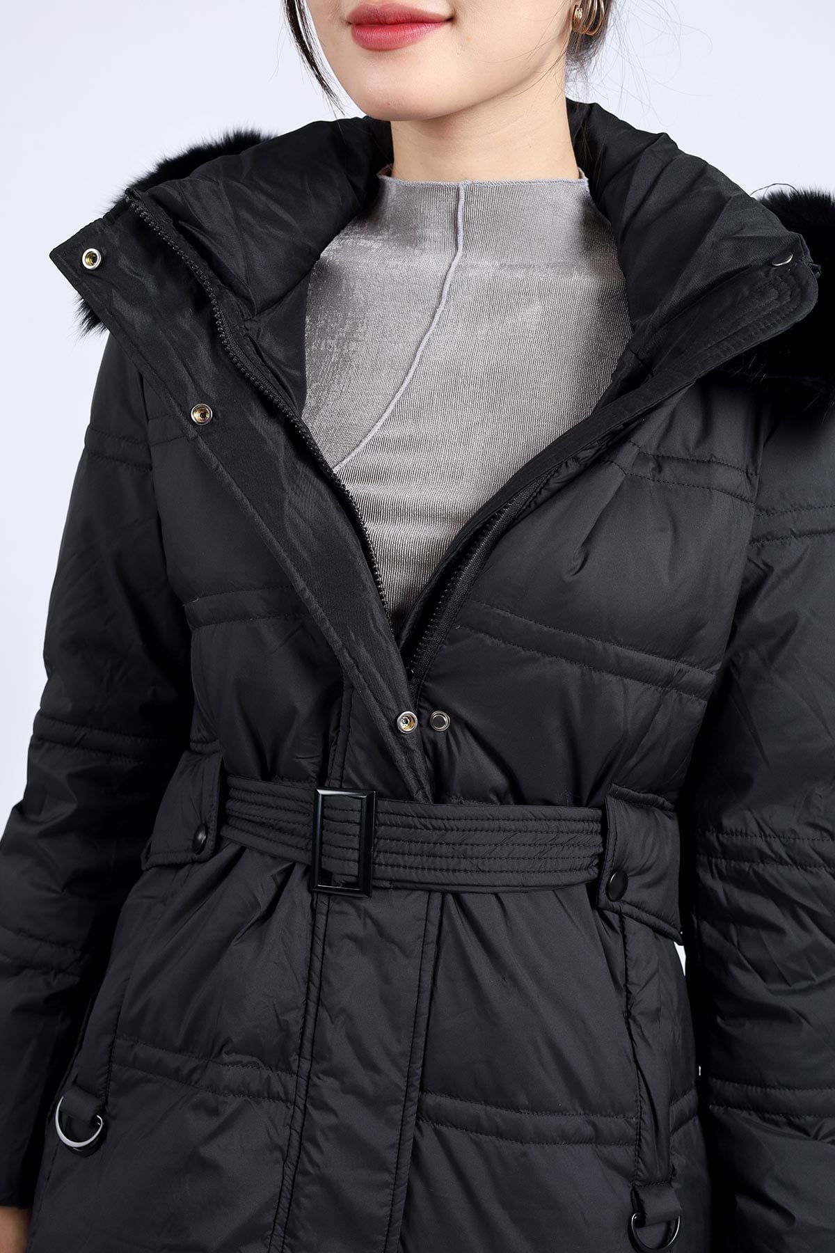 FMV055 - Áo khoác lông vũ cao cấp dáng suông dài có mũ viền lông mềm thân áo có túi hai bên kèm dây đai tạo kiểu - PANTIO