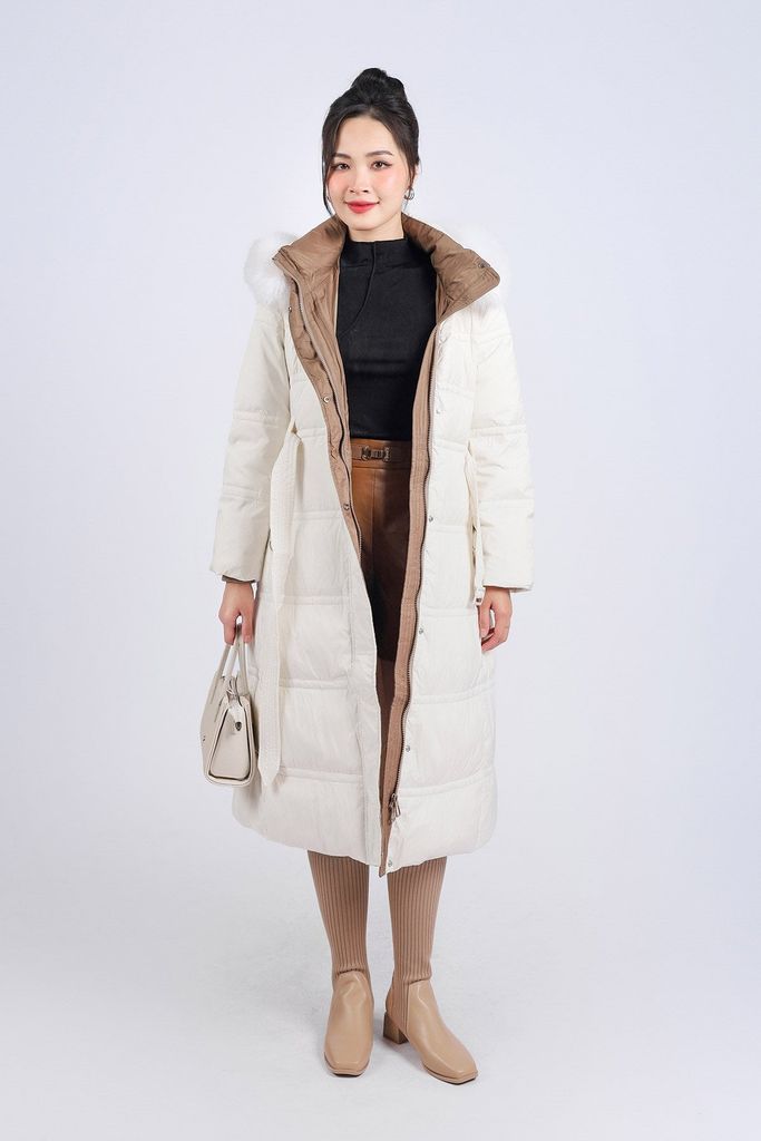 FMV055 - Áo khoác lông vũ cao cấp dáng suông dài có mũ viền lông mềm thân áo có túi hai bên kèm dây đai tạo kiểu - PANTIO