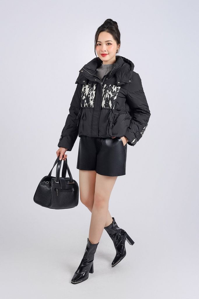 FMV060 - Áo phao lông vũ cao cấp dáng suông ngắn có mũ eo phối dây rút thân áo hoạ tiết thời trang - PANTIO