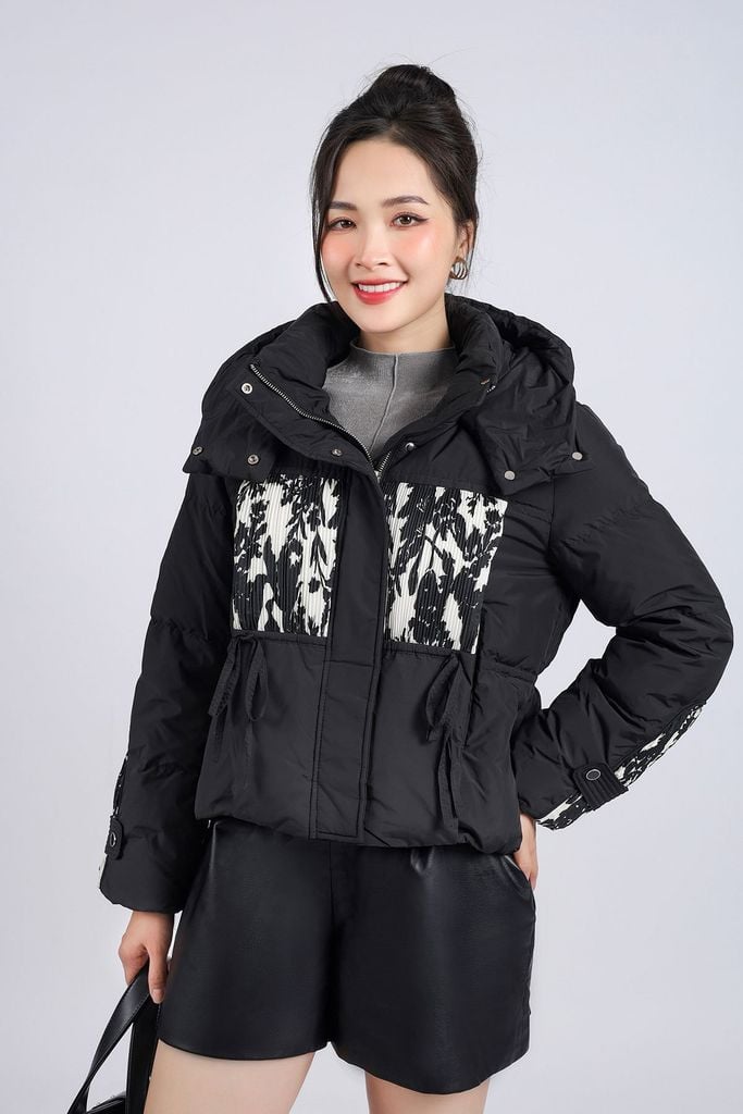 FMV060 - Áo phao lông vũ cao cấp dáng suông ngắn có mũ eo phối dây rút thân áo hoạ tiết thời trang - PANTIO