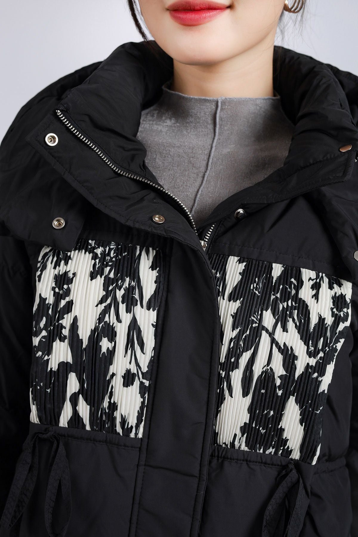 FMV060 - Áo phao lông vũ cao cấp dáng suông ngắn có mũ eo phối dây rút thân áo hoạ tiết thời trang - PANTIO