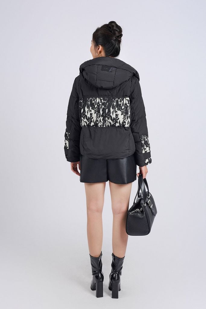 FMV060 - Áo phao lông vũ cao cấp dáng suông ngắn có mũ eo phối dây rút thân áo hoạ tiết thời trang - PANTIO