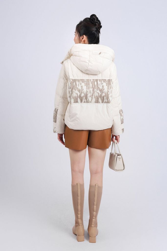 FMV060 - Áo phao lông vũ cao cấp dáng suông ngắn có mũ eo phối dây rút thân áo hoạ tiết thời trang - PANTIO