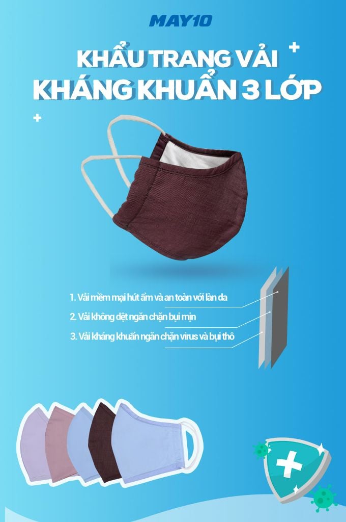 Khẩu trang vải 3 lớp kháng khuẩn màu NGẪU NHIÊN mã 134/21KTXK