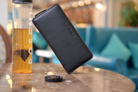  ELI- Ví Unisex da bò thật khóa kéo màu đen HT89-10 